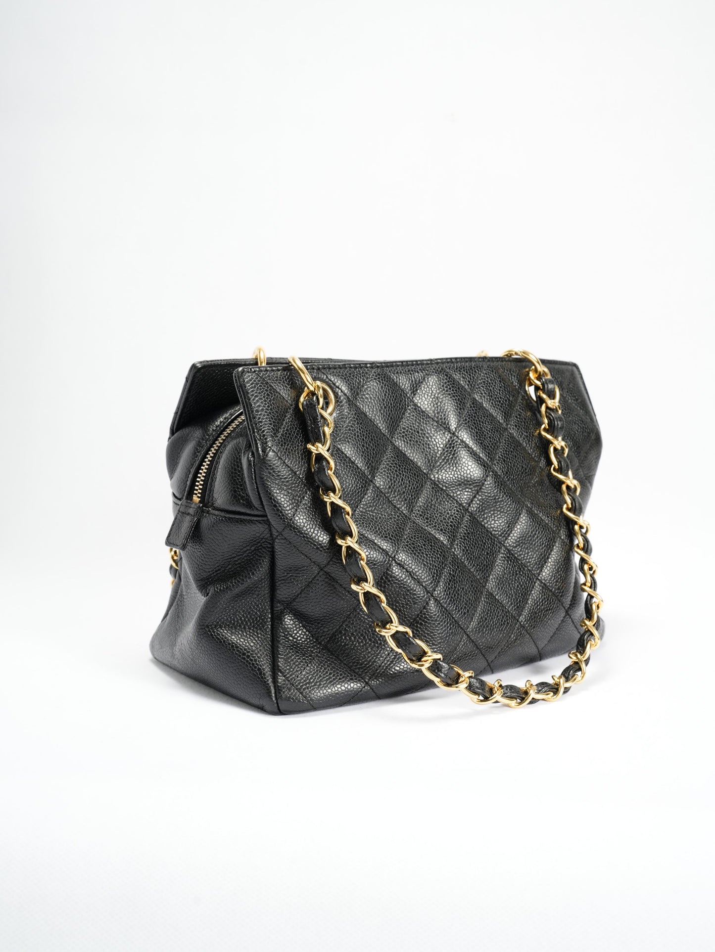 Chanel Patent Pouch Tote in Black Pebbled Leather with Gold-Tone Hardware