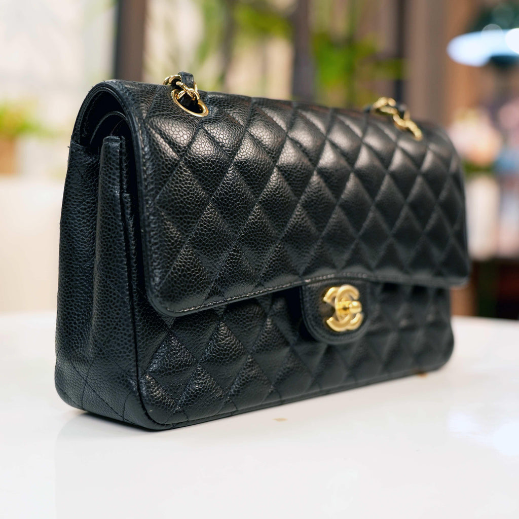 CHANEL Classic Flap Bag Medium - Black Caviar Leather with Gold Hardware - Pre-Owned