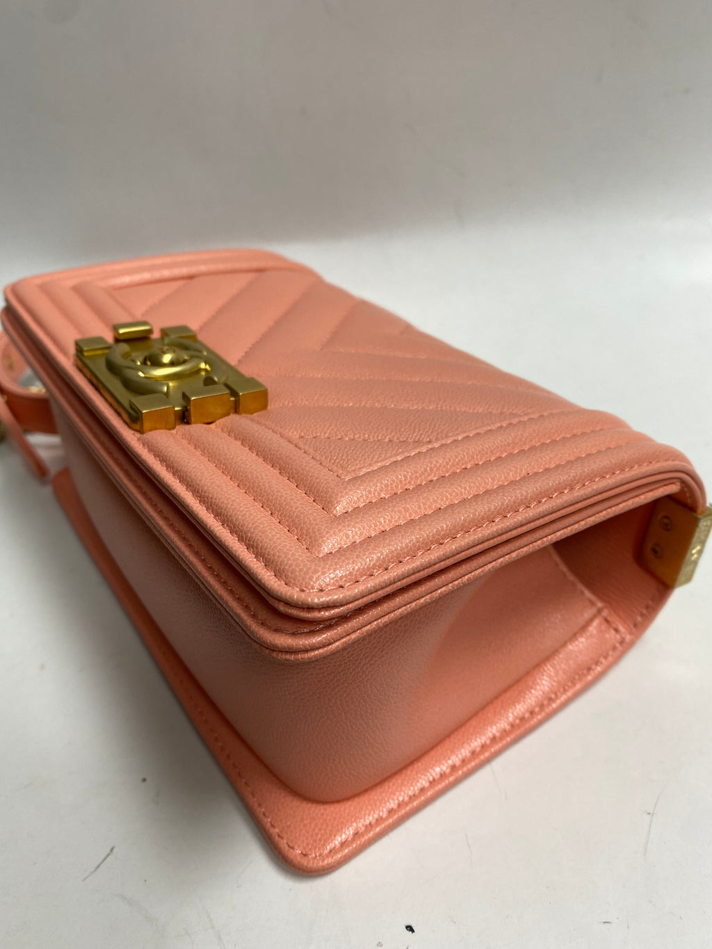 CHANEL Chevron Quilted Small Le Boy Bag Pink with Microchip