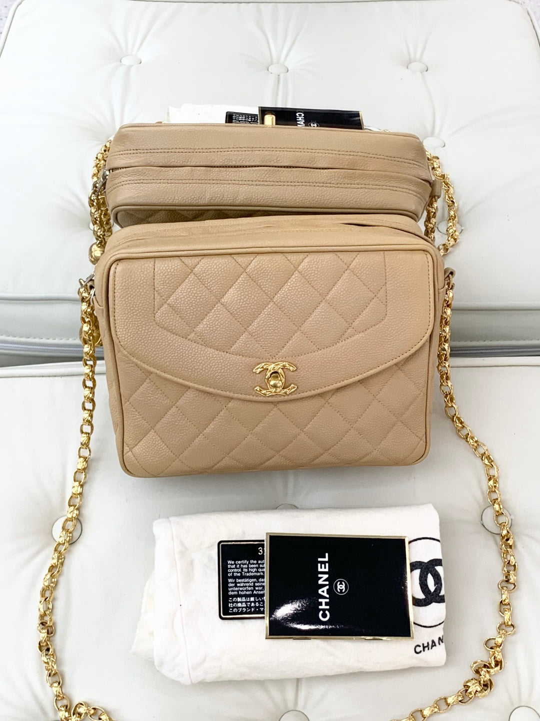 Chanel Calfskin Chain Shoulder Cossbody Bag Beige Gold Hardware Women S