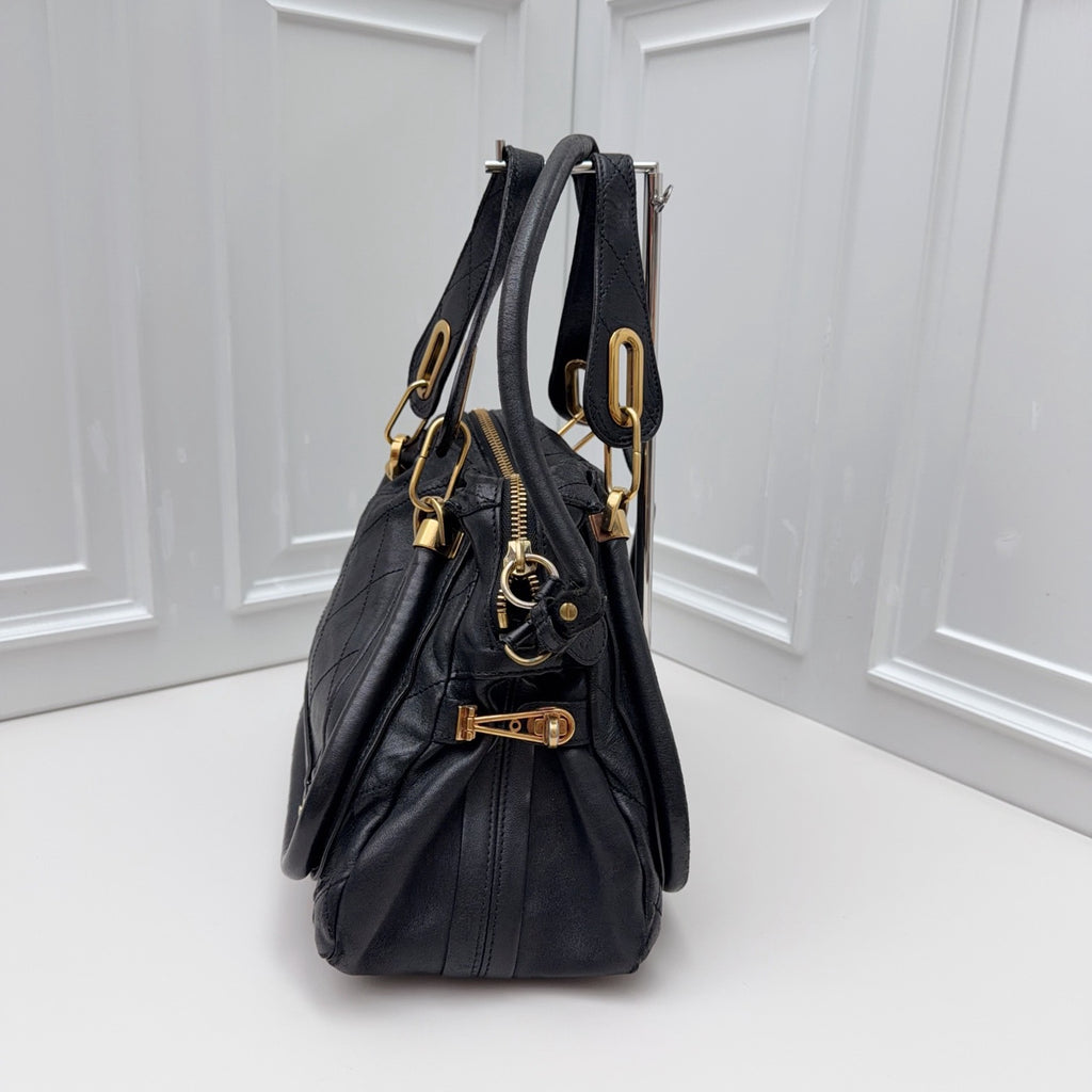 Chloe Paraty Calfskin Top Handle Shoulder Bag Black Gold Women Classic
