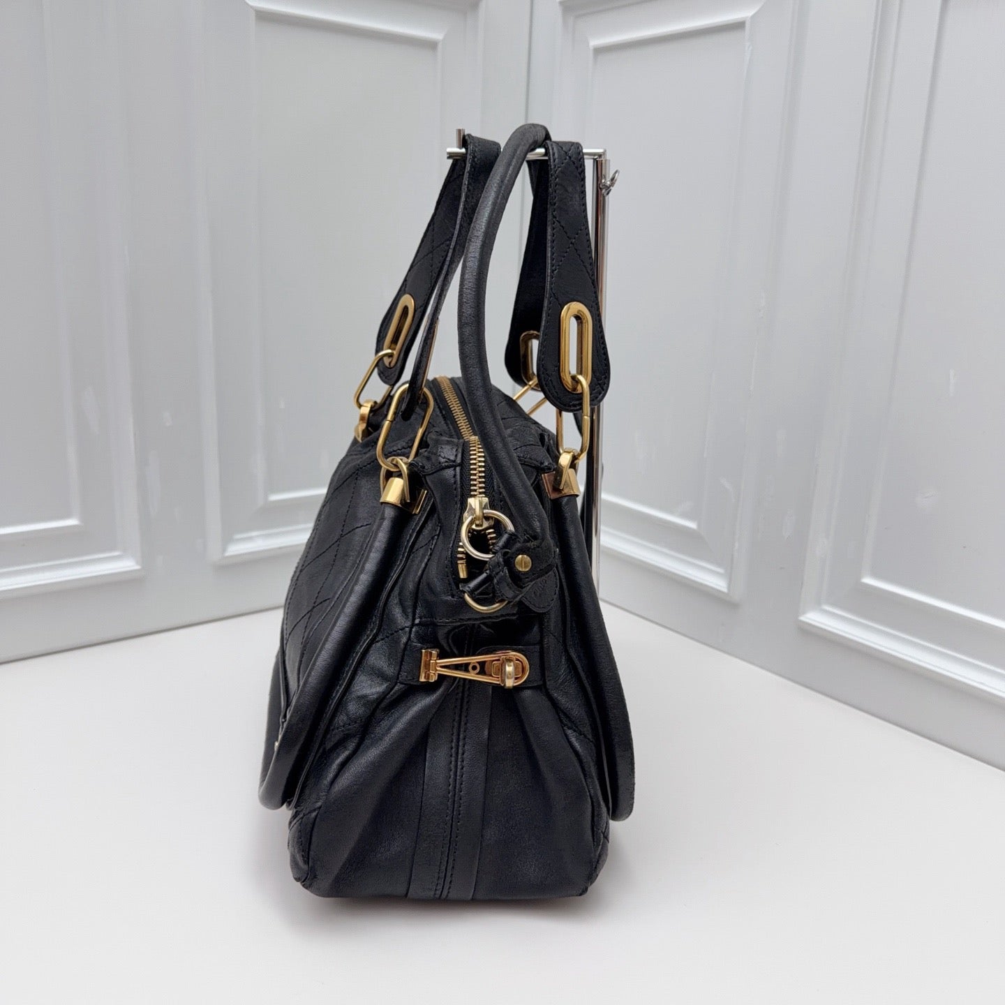 Chloe Paraty Calfskin Top Handle Shoulder Bag Black Gold Women Classic