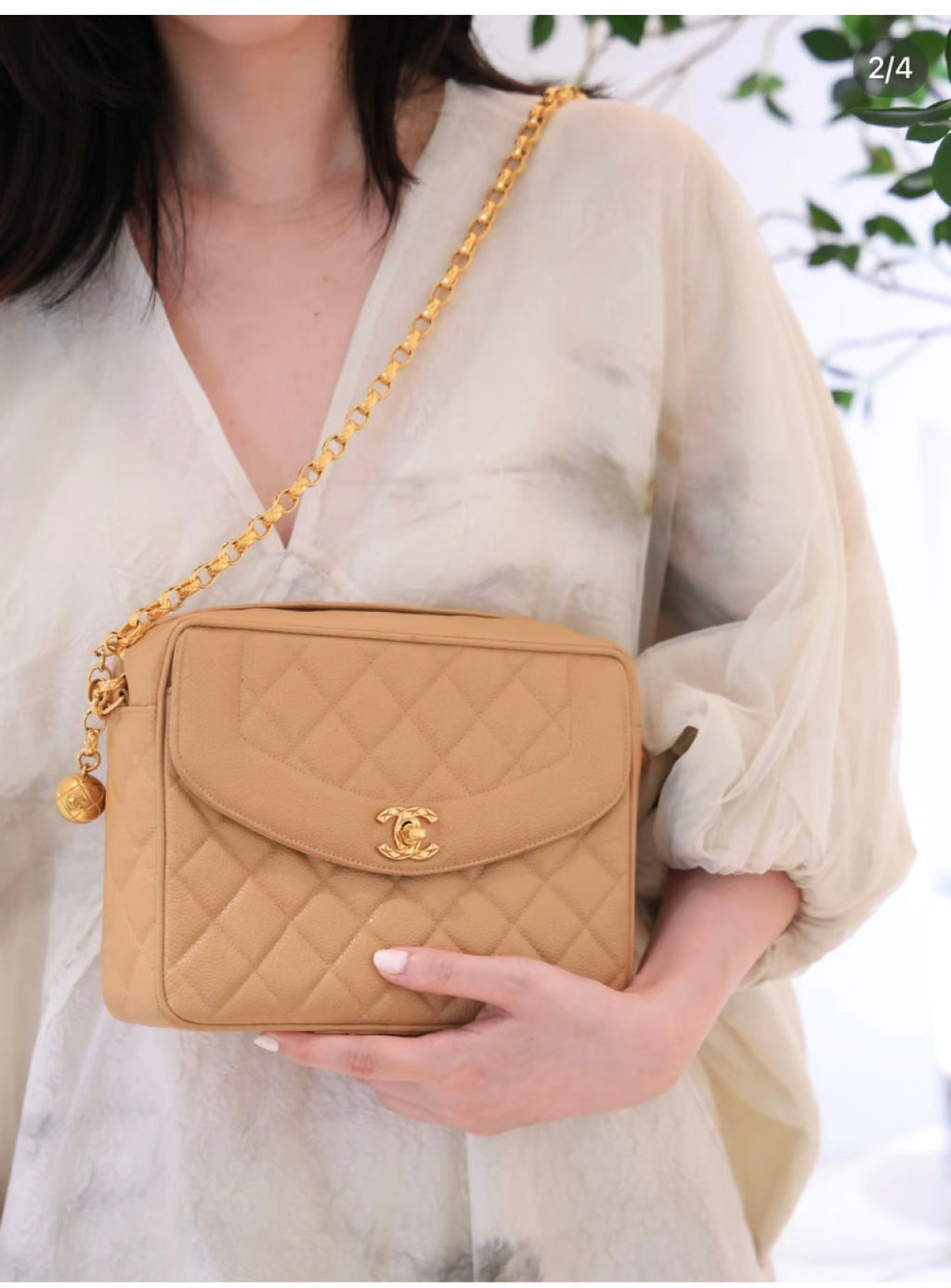 Chanel Calfskin Chain Shoulder Cossbody Bag Beige Gold Hardware Women S