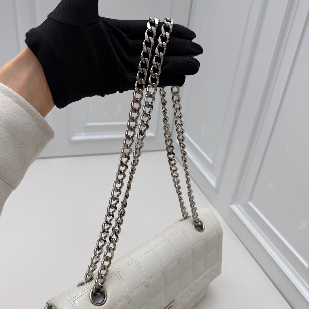 Chanel Square Quilt Flap Chain Shoulder Bag White Silver Used Women Classic