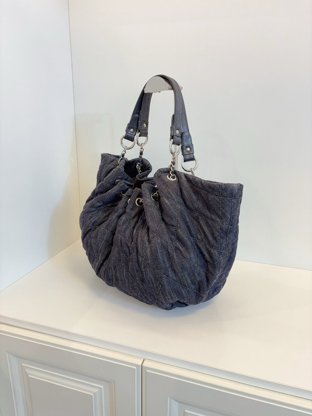 Chanel Double C Hobo Shoulder Bag Black Denim Stitched Logo Drawstring