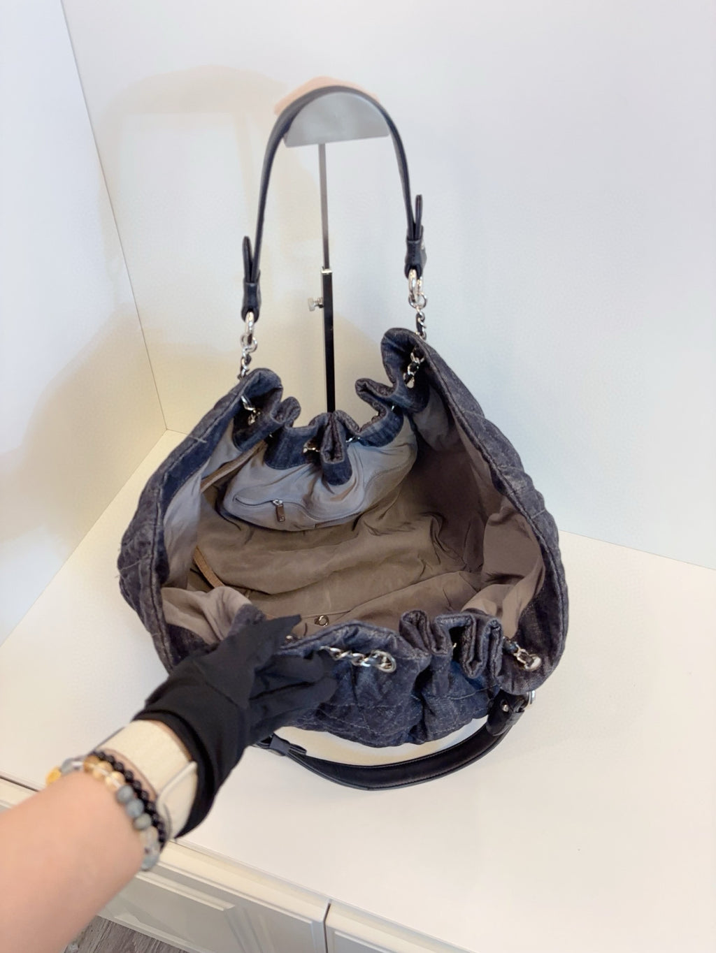 Chanel Double C Hobo Shoulder Bag Black Denim Stitched Logo Drawstring