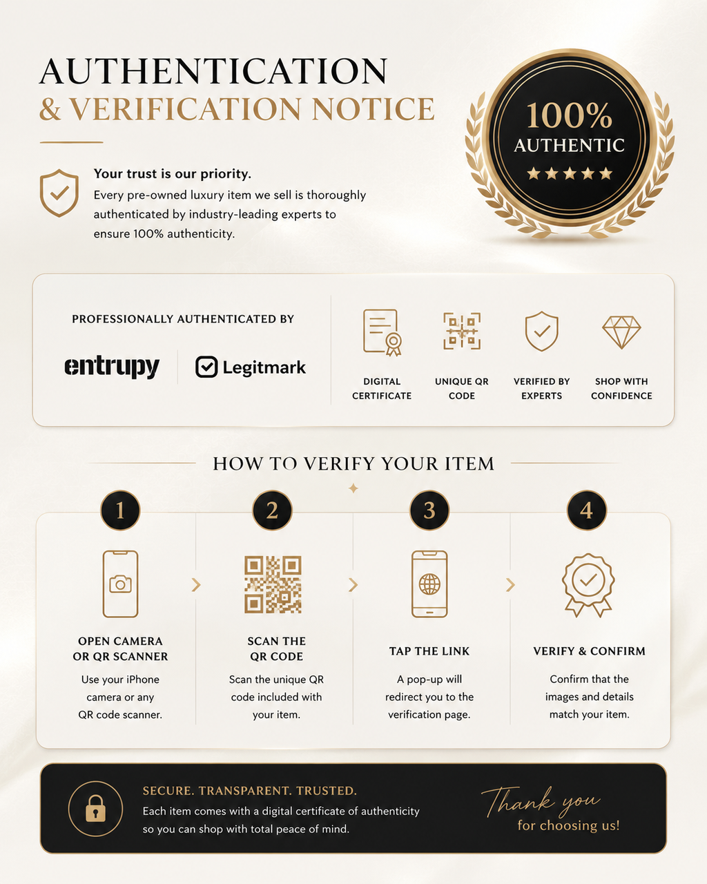 Authentication and verification notice for pre-owned luxury items