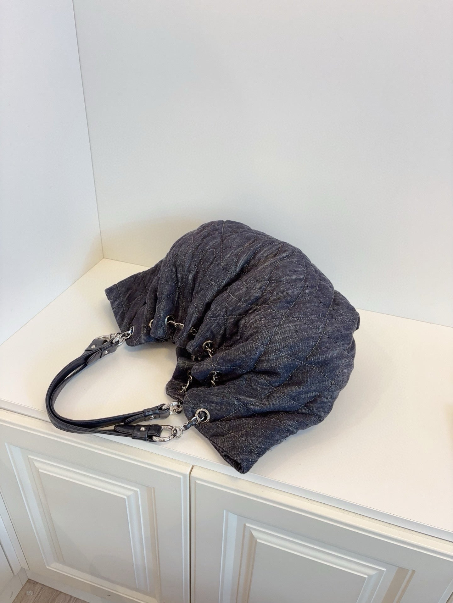 Chanel Double C Hobo Shoulder Bag Black Denim Stitched Logo Drawstring