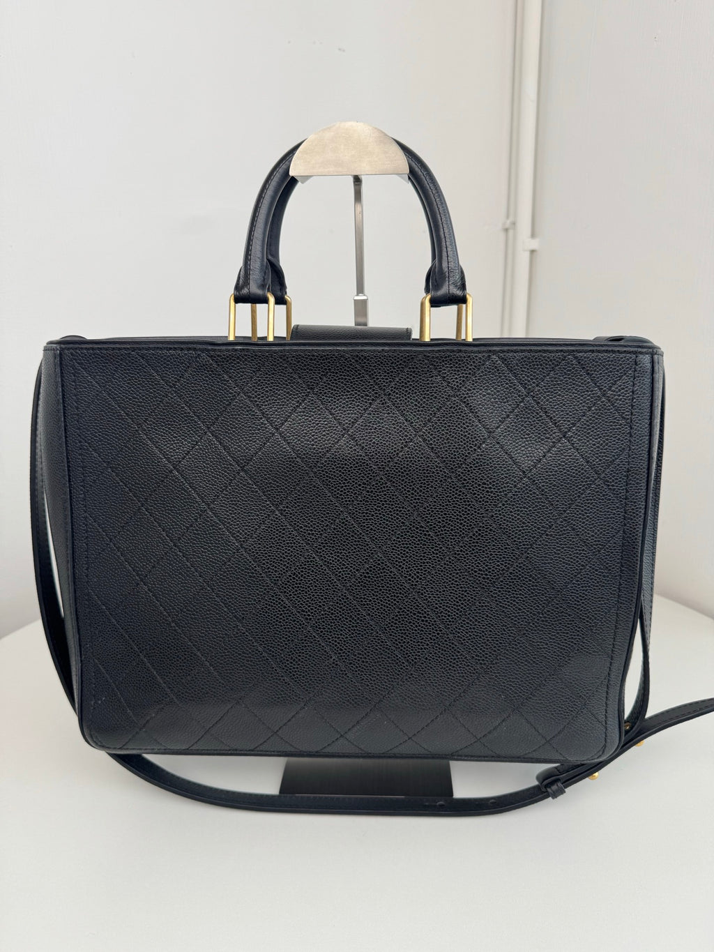 Chanel Diamond Calfskin Tote Top Handle Crossbody Black Gold Classic Women