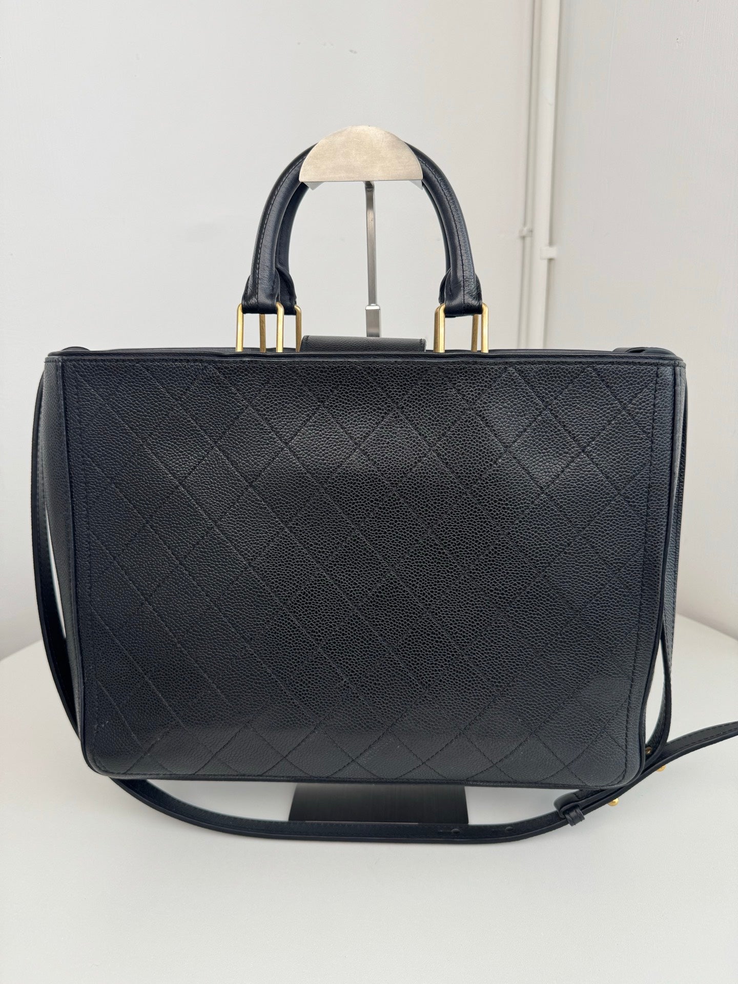 Chanel Diamond Calfskin Tote Top Handle Crossbody Black Gold Classic Women