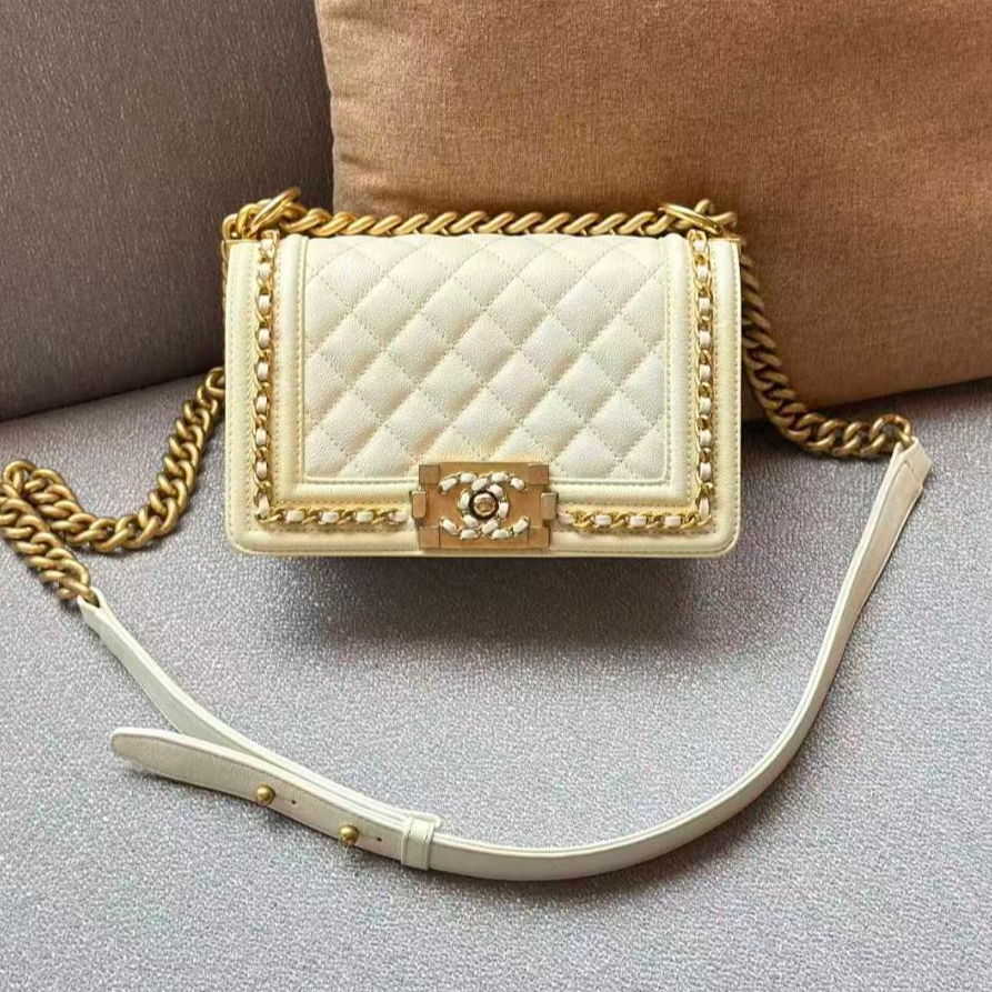 Chanel Leboy PM Chain Shoulder Bag Crossbody White Gold Women Classic S