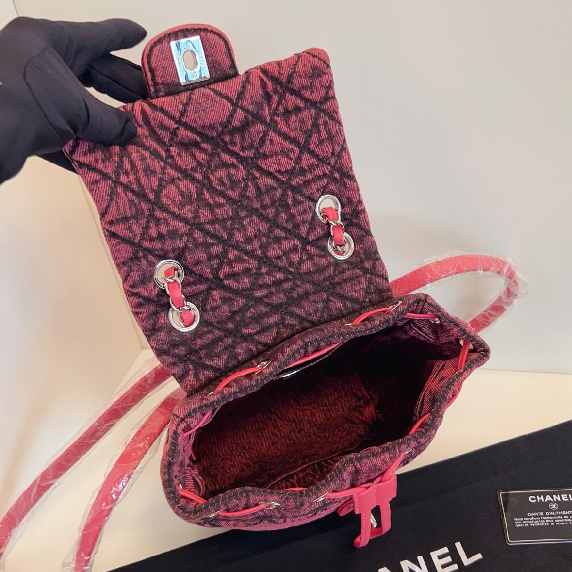 Chanel Washed Denim Backpack Mini Diamond Pink Silver Used Women Classic