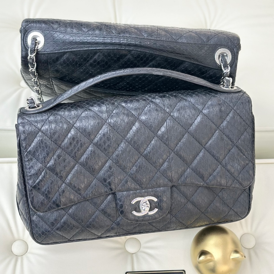 Chanel Classic Flap Jumbo Snakeskin Chain Top Handle Crossbody Bag Black Women S