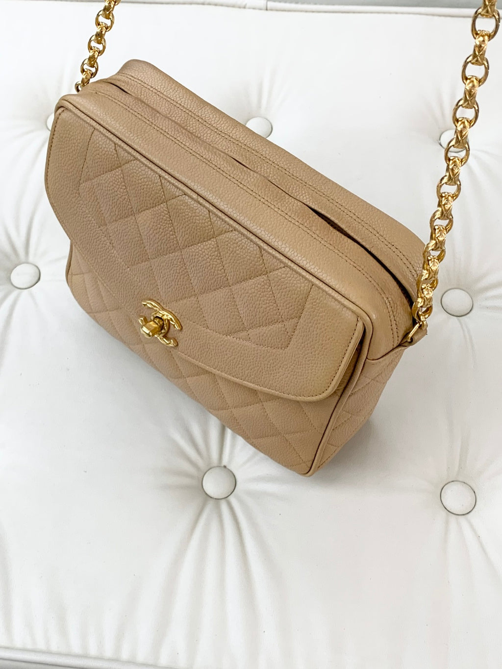 Chanel Calfskin Chain Shoulder Cossbody Bag Beige Gold Hardware Women S
