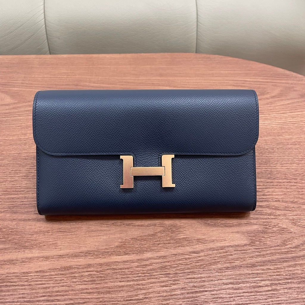 Hermes Constance Epsom Leather Wallet Blue Gold Used Women Classic