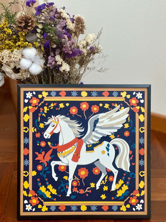 Dreamy Pegasus Floral Art Decorative Painting - Retro Exquisite Wall Art for Living Room & Bedroom