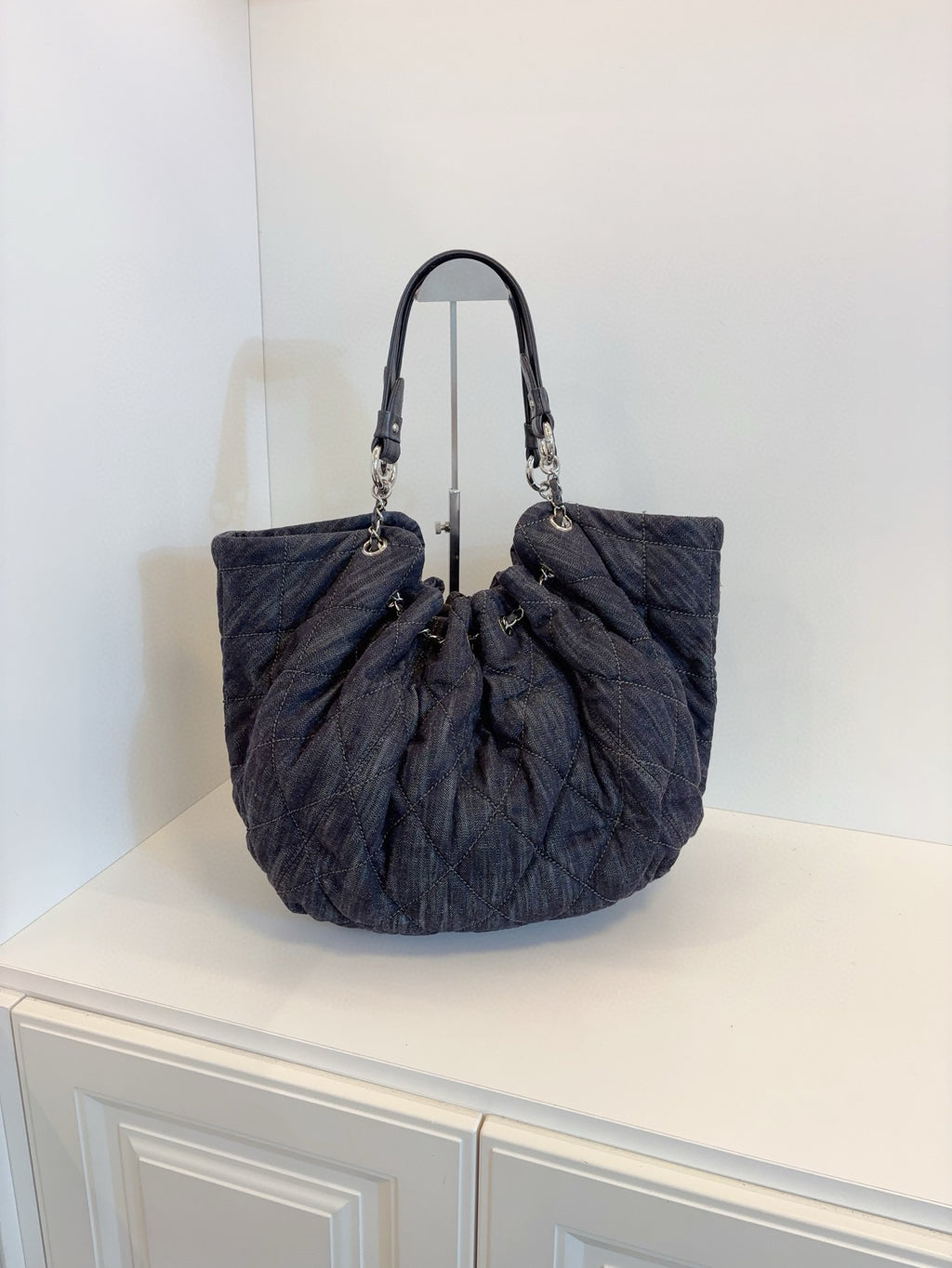 Chanel Double C Hobo Shoulder Bag Black Denim Stitched Logo Drawstring