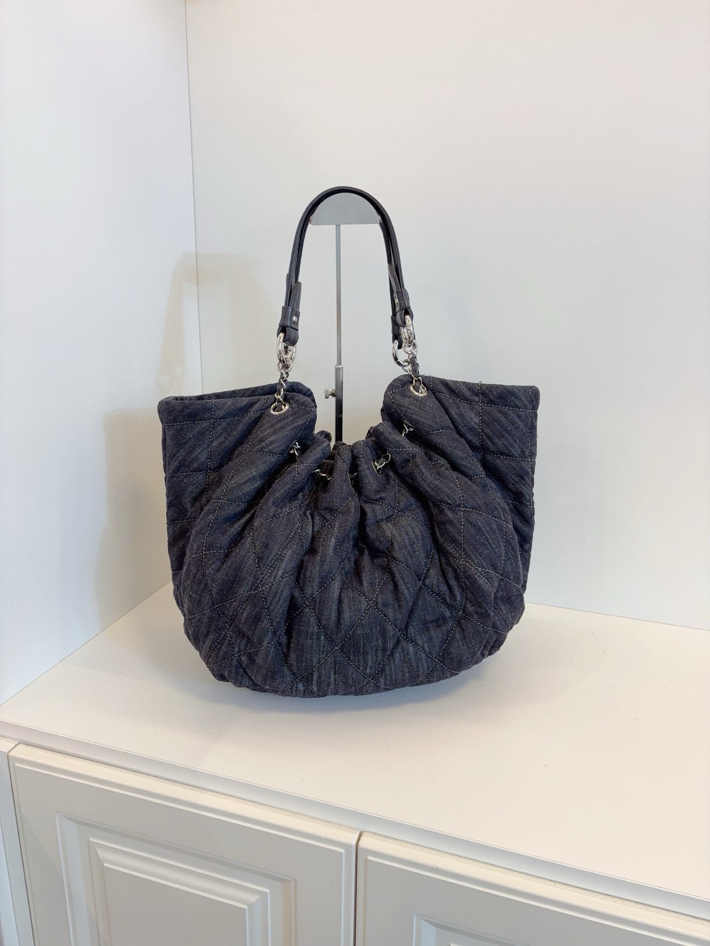 Chanel Double C Hobo Shoulder Bag Black Denim Stitched Logo Drawstring