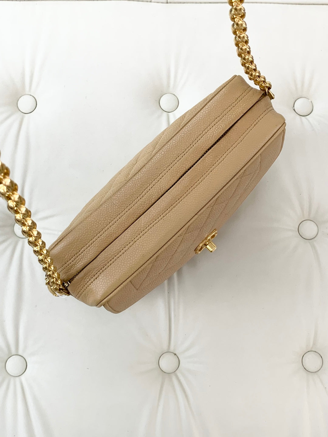 Chanel Calfskin Chain Shoulder Cossbody Bag Beige Gold Hardware Women S