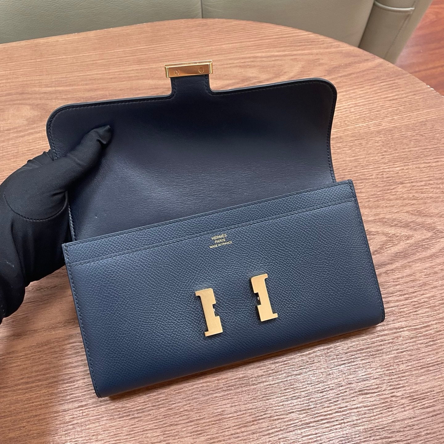 Hermes Constance Epsom Leather Wallet Blue Gold Used Women Classic