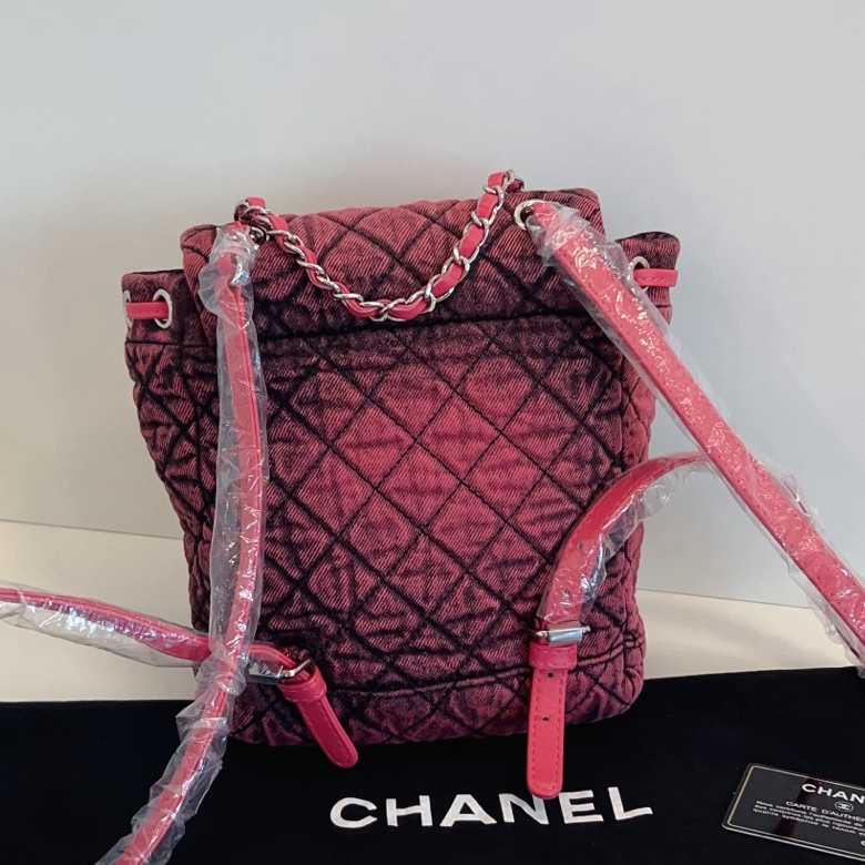 Chanel Washed Denim Backpack Mini Diamond Pink Silver Used Women Classic