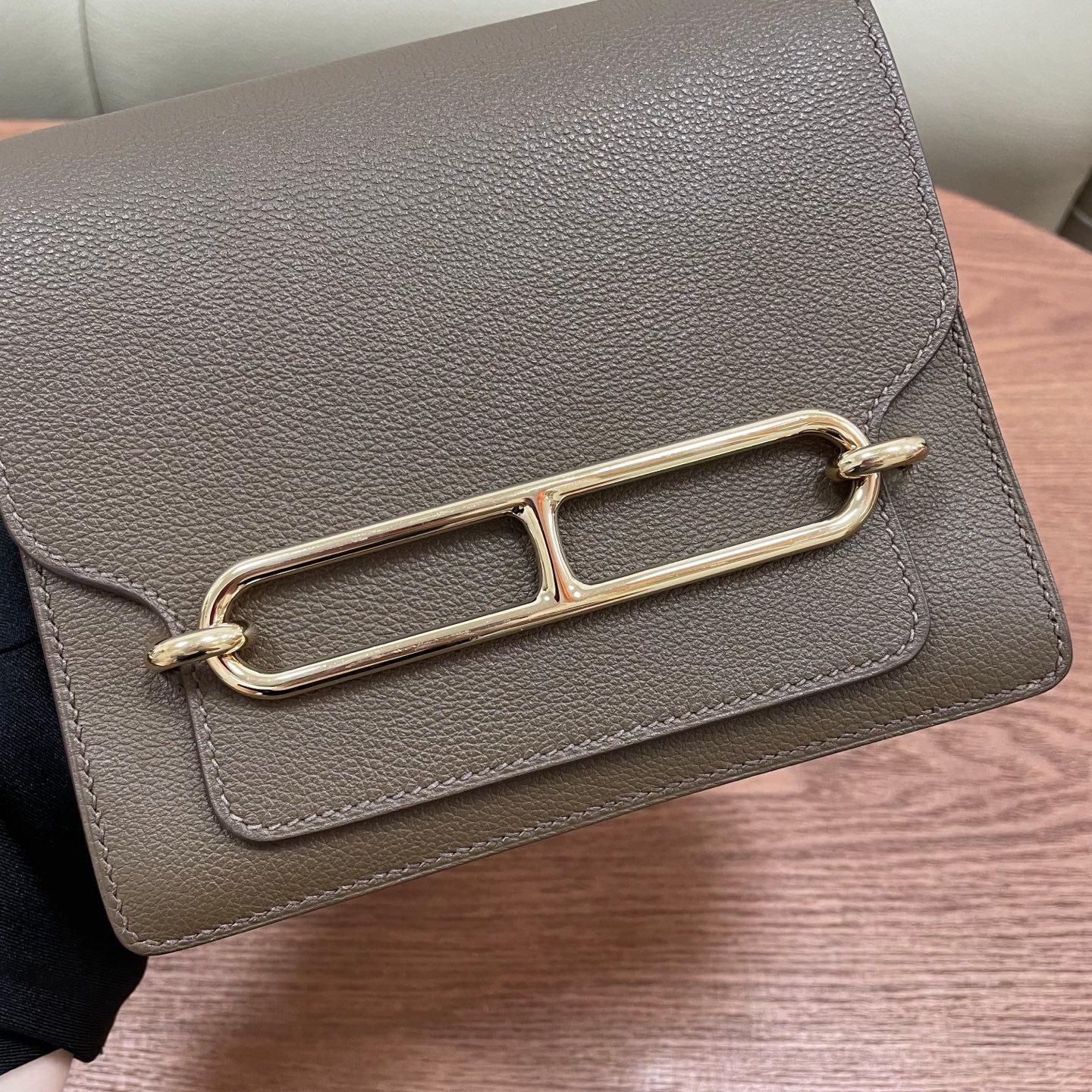 Hermes Roulis19 Evercolor Shoulder Bag Crossbody Gray Gold Women Classic Fashion