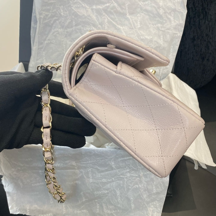 Chanel Classic Flap PM Calfskin Chain Shoulder Bag Crossbody Pink Gold Women D