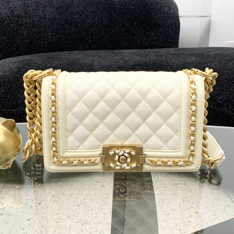 Chanel Leboy PM Chain Shoulder Bag Crossbody White Gold Women Classic S