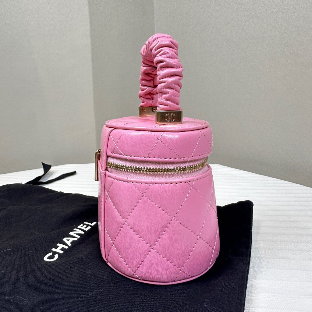 Chanel Diamond Bucket Top Handle Bag Pink Gold Used Women Classic
