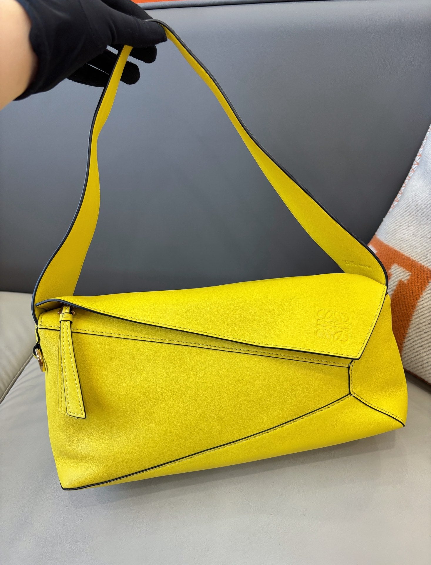Loewe Puzzle Hobo Underarm Shoulder Bag Yellow Geometric Puzzle Stitching