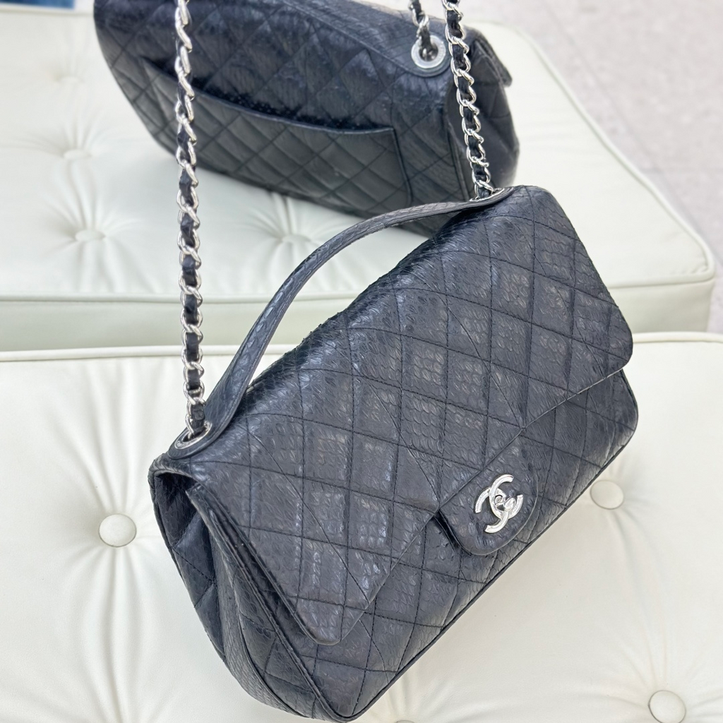 Chanel Classic Flap Jumbo Snakeskin Chain Top Handle Crossbody Bag Black Women S
