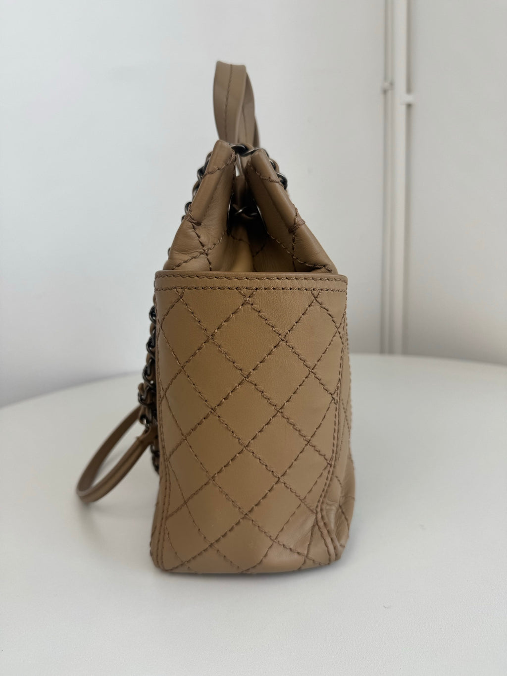 Chanel Calfskin PM Tote Handbag Chain Shoulder Bag Beige Silver Hardware