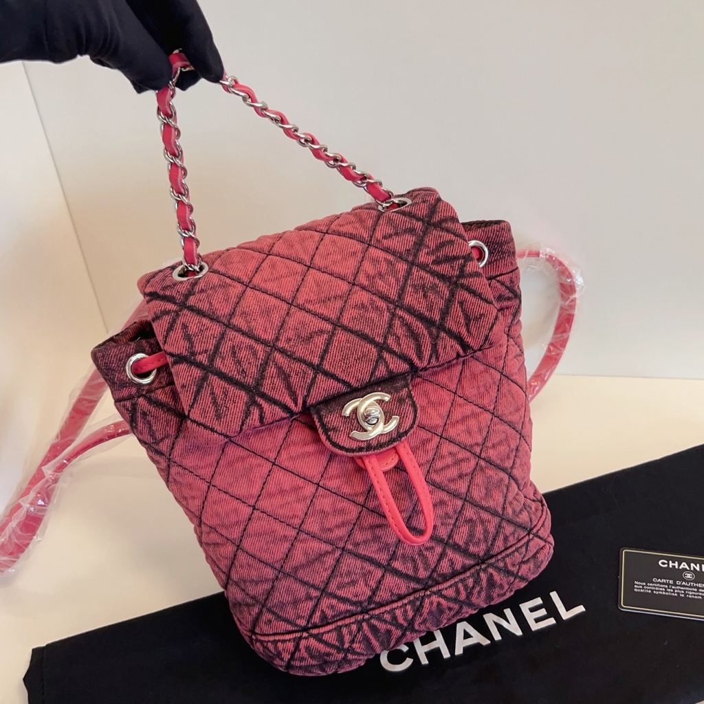 Chanel Washed Denim Backpack Mini Diamond Pink Silver Used Women Classic