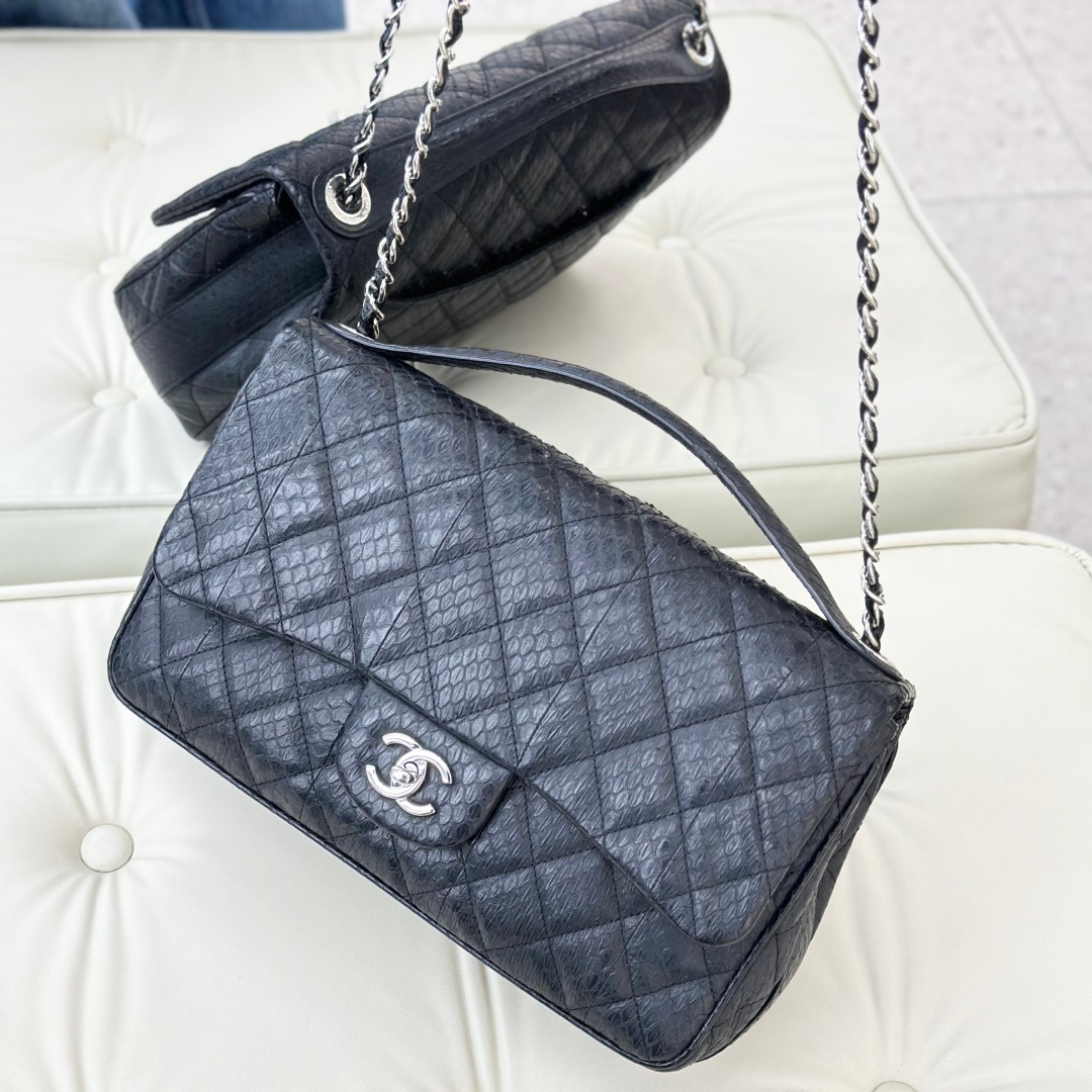 Chanel Classic Flap Jumbo Snakeskin Chain Top Handle Crossbody Bag Black Women S