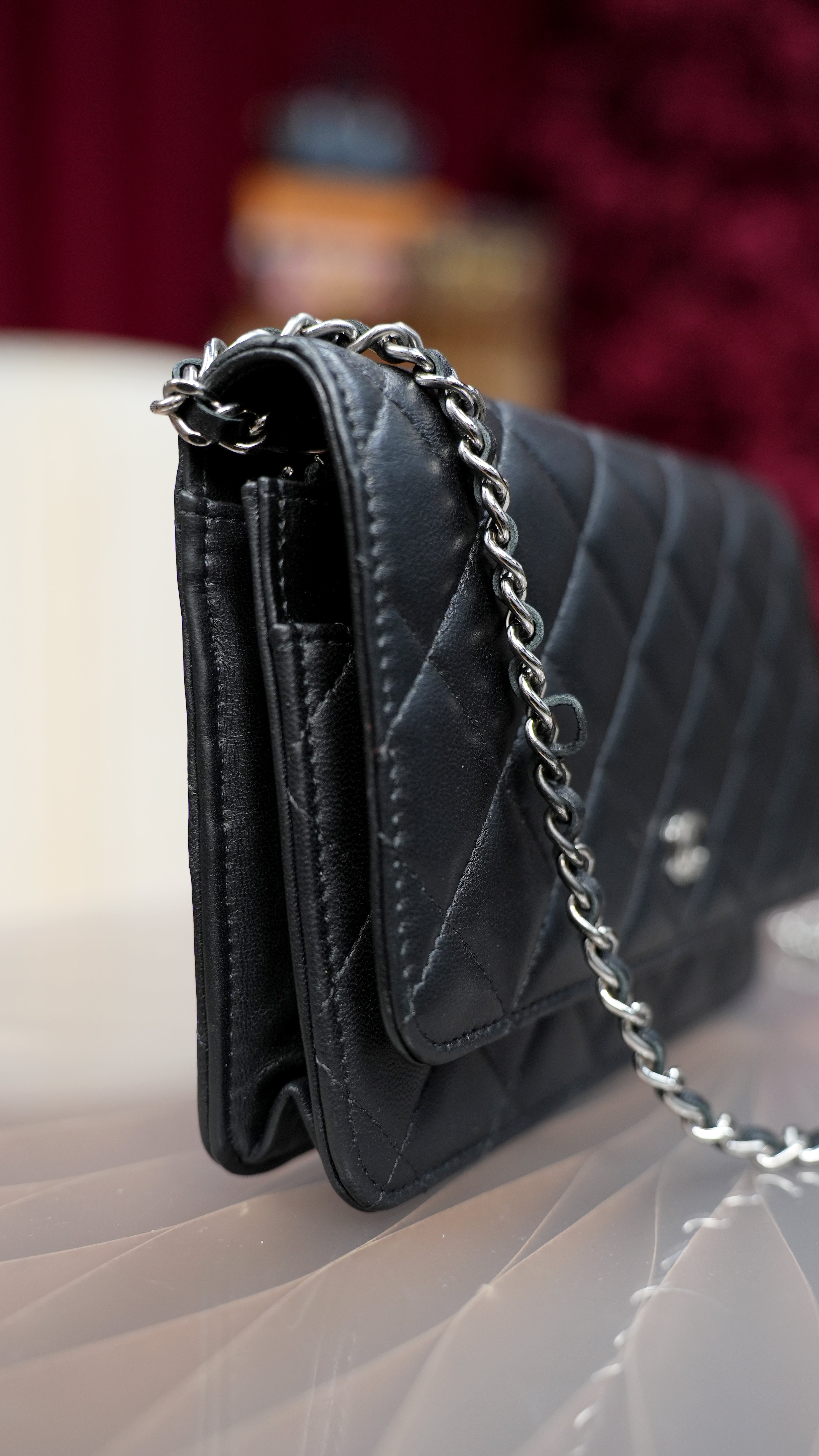 Chanel WOC Diamond Shoulder Bag Crossbody Black Silver Women Classic