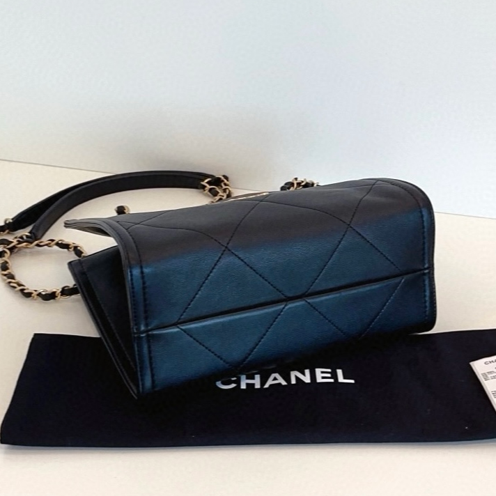 Chanel Calfskin Tote PM Chain Shoulder Bag Diamond Black Gold Women Classic