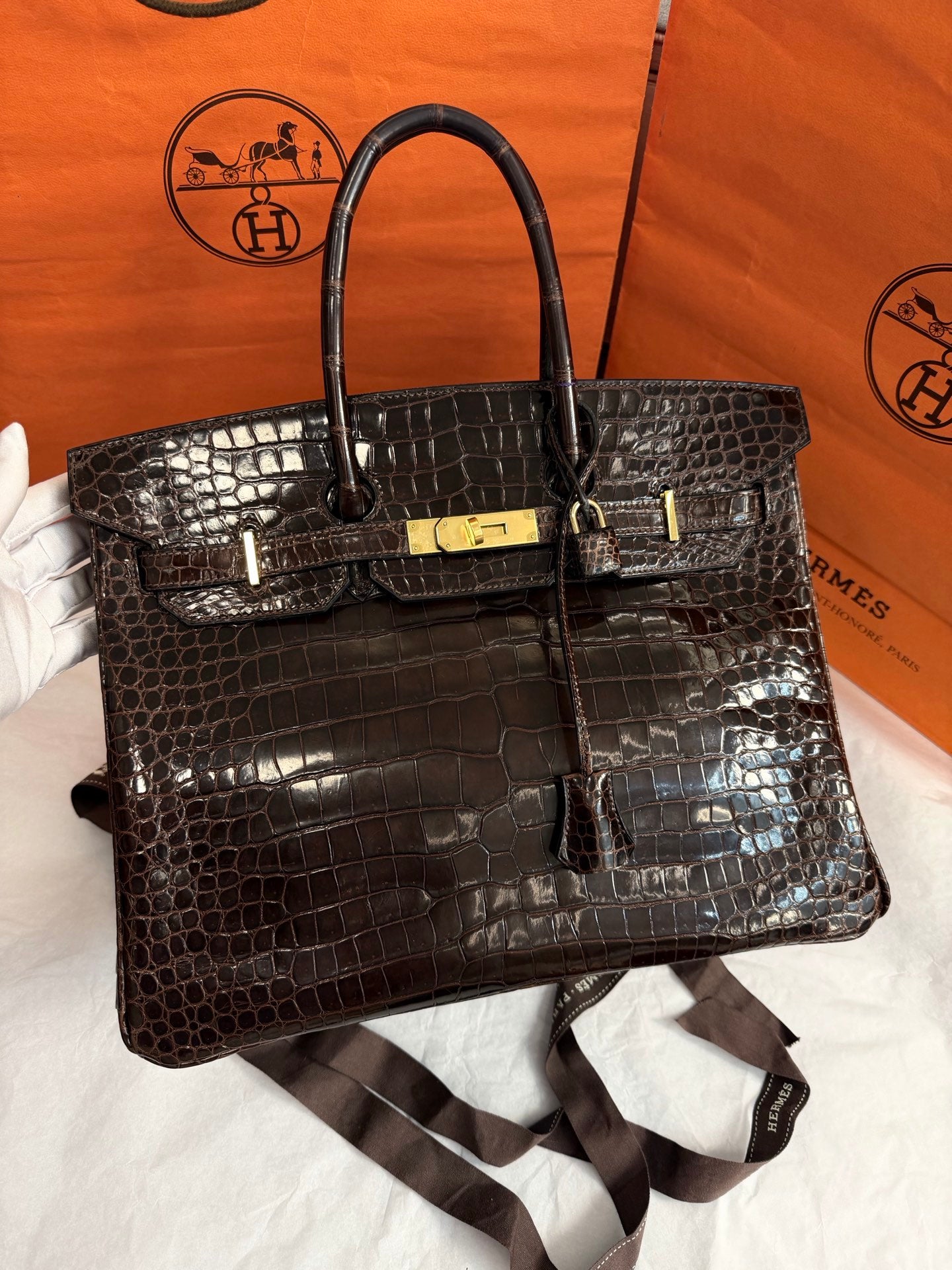 Hermes Birkin35 Top Handle Bag Brown Gold Used Women Classic Fashion