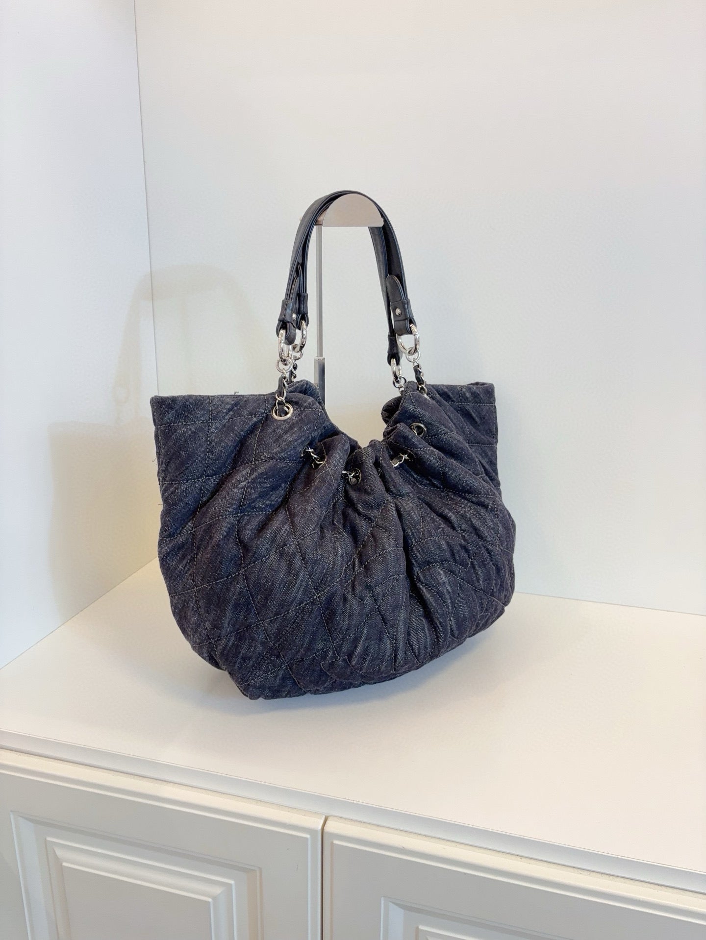 Chanel Double C Hobo Shoulder Bag Black Denim Stitched Logo Drawstring