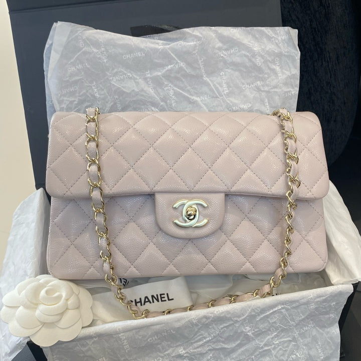 Chanel Classic Flap PM Calfskin Chain Shoulder Bag Crossbody Pink Gold Women D