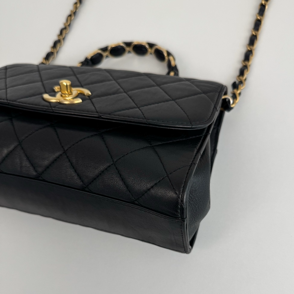 Chanel Kelly Black Quilted Leather Top Handle Crossbody Flap Bag Gold Hardware
