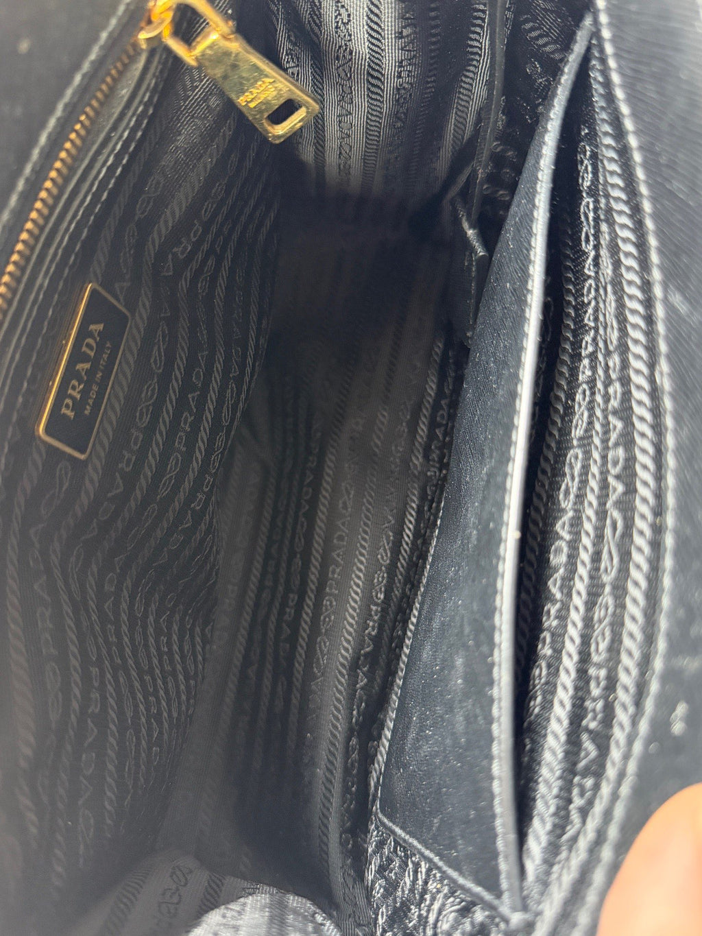 Prada Front Pocket Tote Top Handle Bag Black Gold Used Women Classic