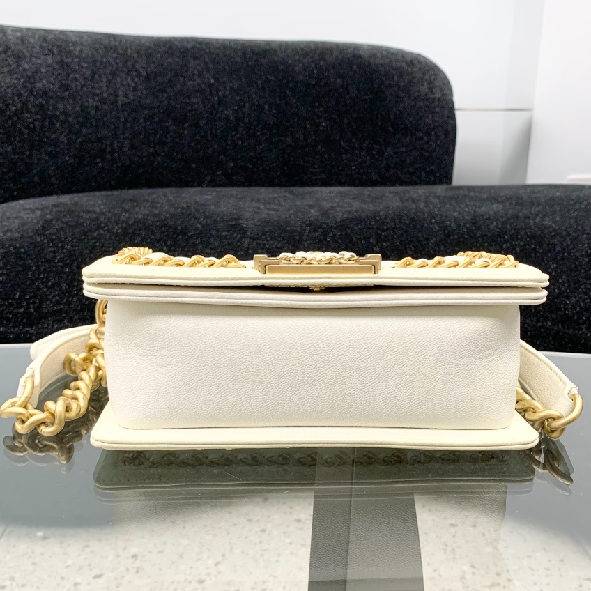 Chanel Leboy PM Chain Shoulder Bag Crossbody White Gold Women Classic S