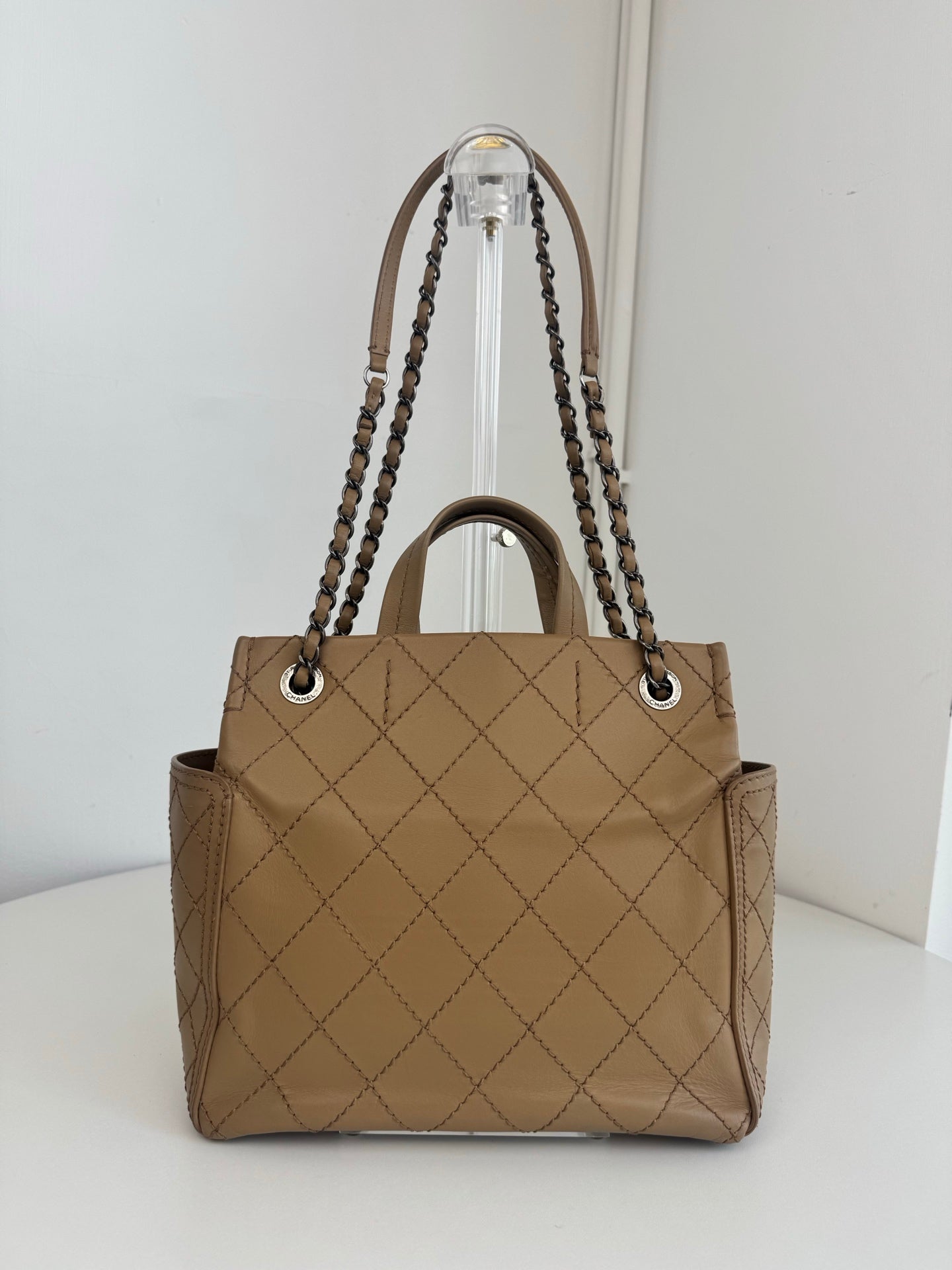 Chanel Calfskin PM Tote Handbag Chain Shoulder Bag Beige Silver Hardware