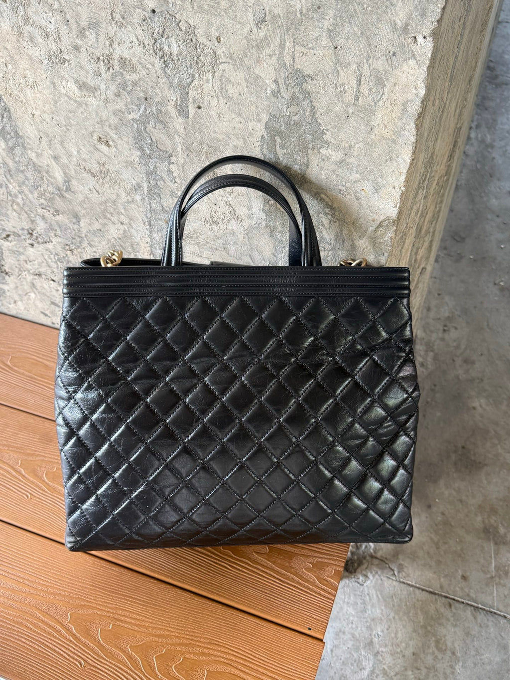 Authentic Chanel Leboy Tote Oil Wax Chain Top Handle Shoulder Bag Black GHD