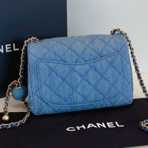 Chanel Diamond Chain Denim Shoulder Bag Crossbody Blue Gold Women Classic