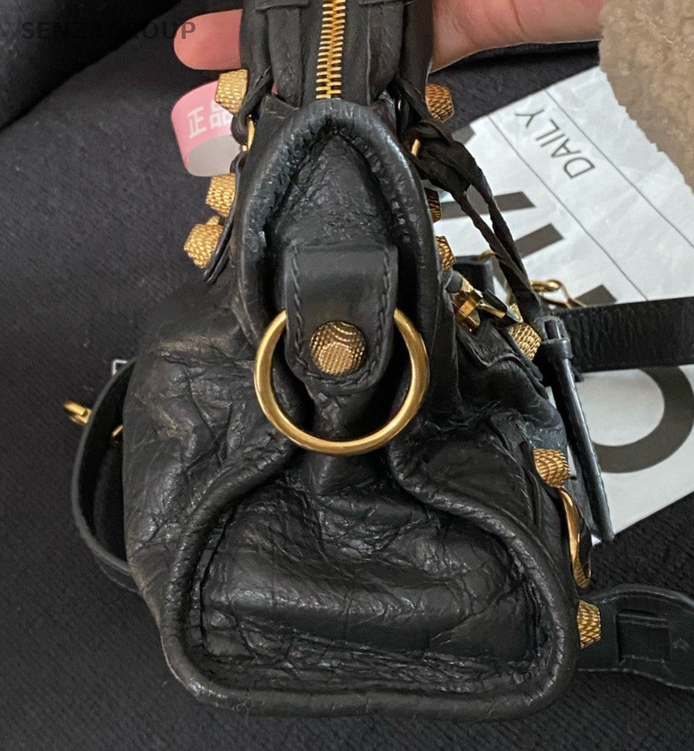 Balenciaga City 2Way Top Handle Bag Crossbody Gray Gold Women Classic