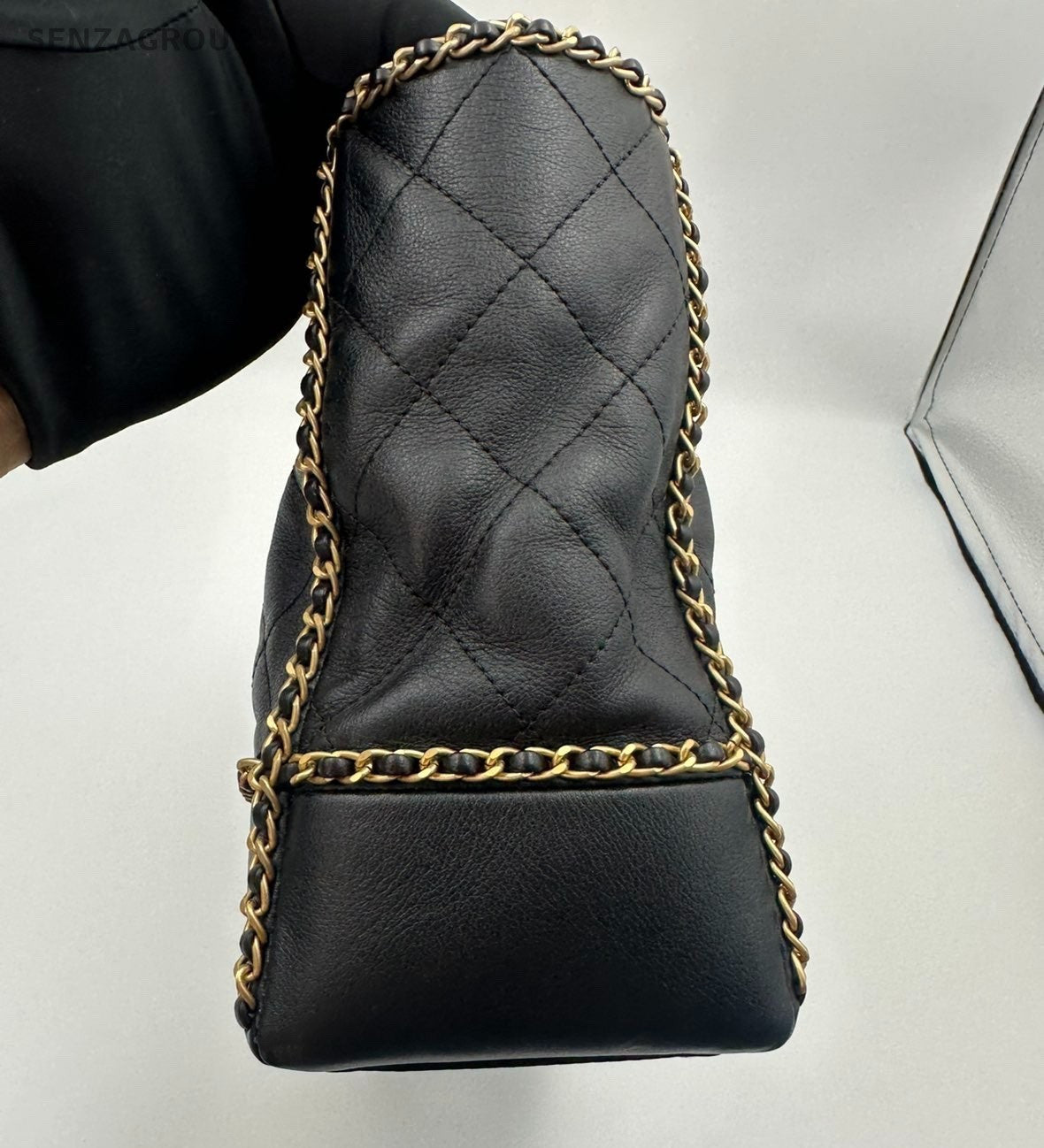 Chanel Diamond Calfskin Tote Chain Shoulder Bag Black Gold Women Classic