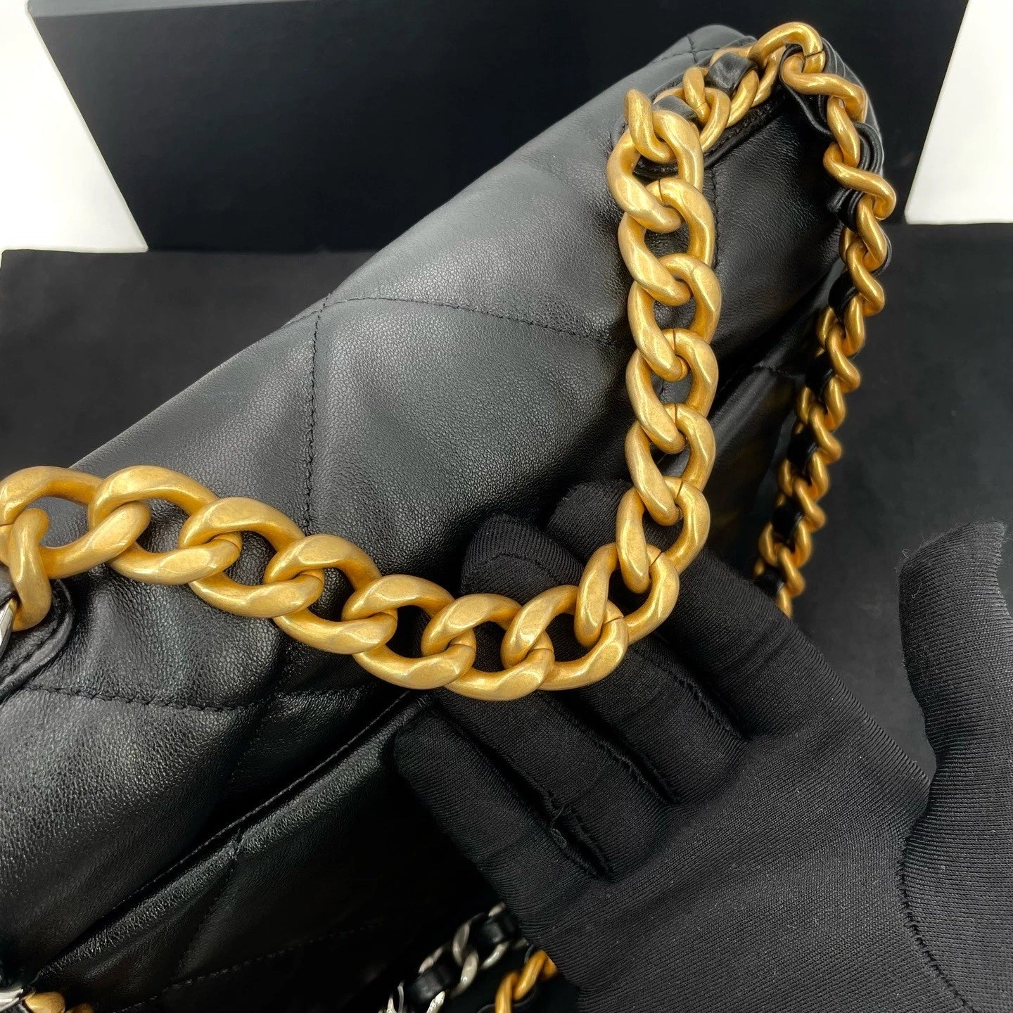 CHANEL 19 Small Black Gold Lambskin Shoulder Crossbody Bag For Women