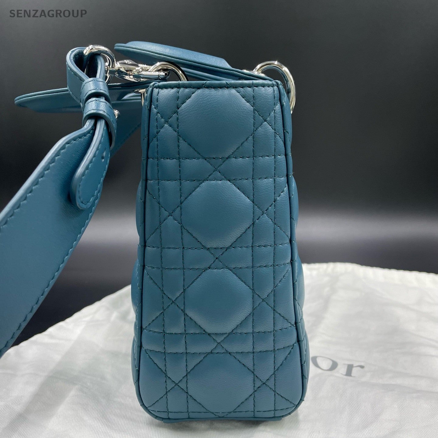 Christian Dior Lady Dior 2Way Top Handle Bag Crossbody Blue Silver Women Classic