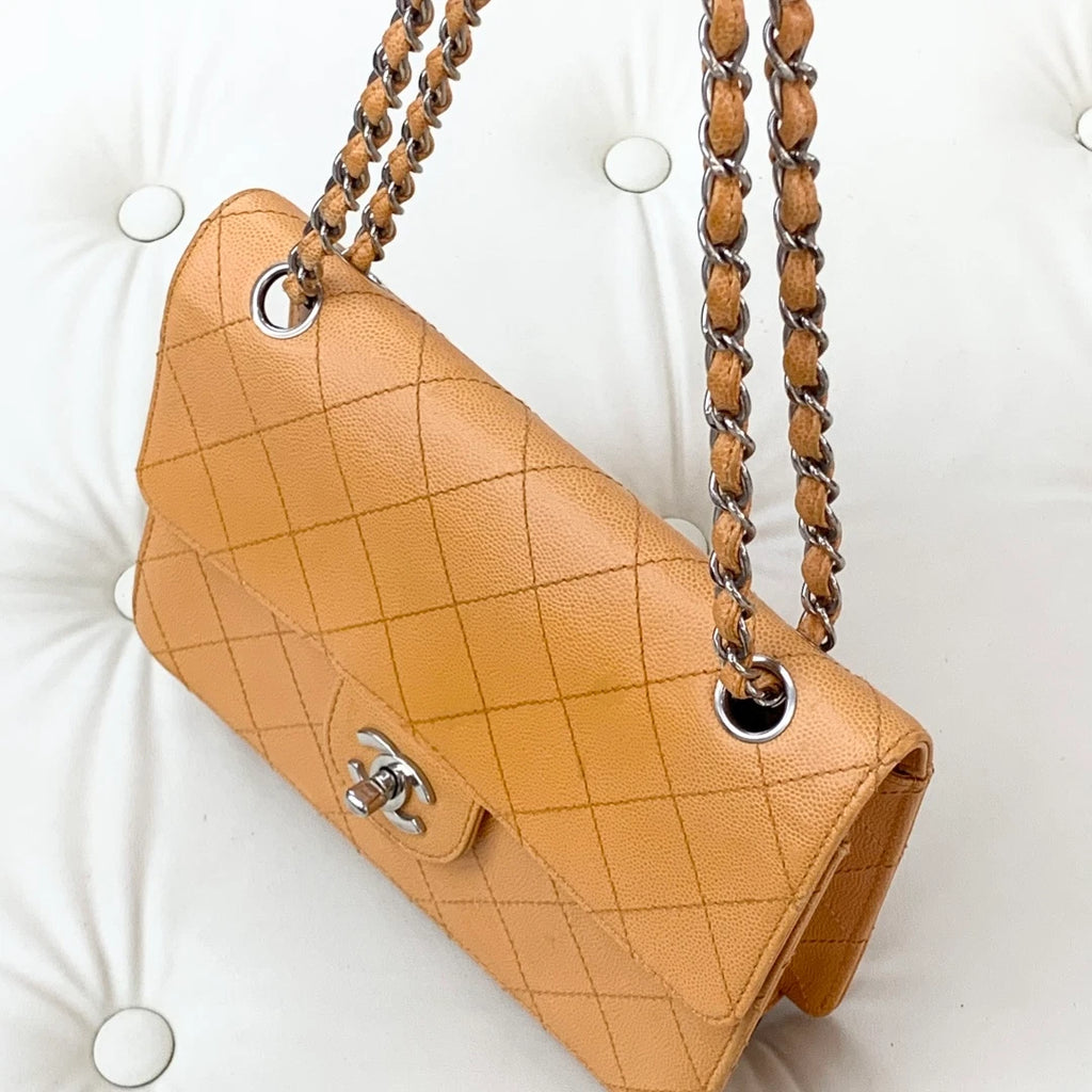 Chanel Classic Flap Chain Calfskin Shoulder Crossbody Bag Orange Women S